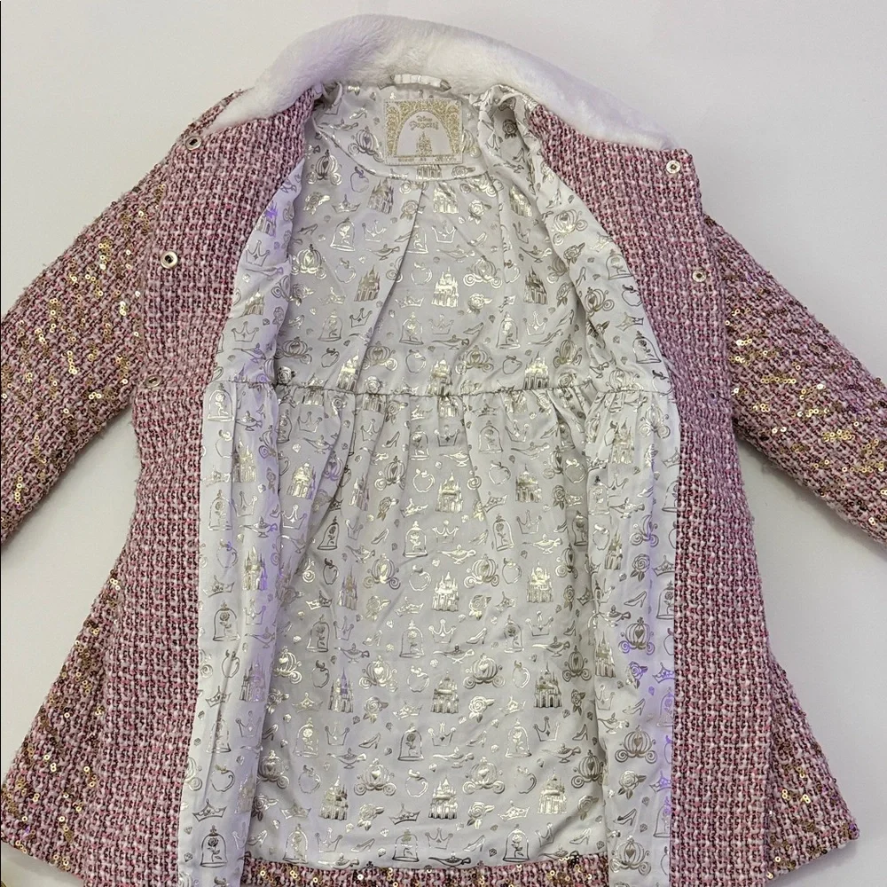 Disney Princess Tweed Coat Girls 5/5 Pink Sequins Faux Fur Dress-up Fairytale